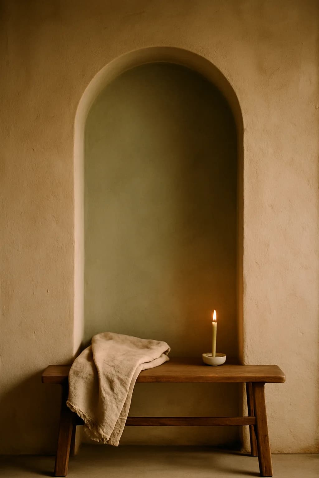 A candlelit arched alcove in a warm plastered wall