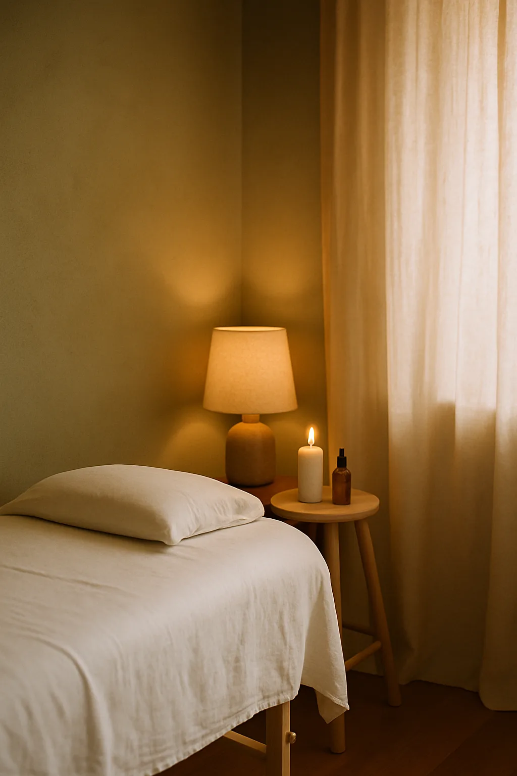 A massage table made up with white linens in the quiet corner of a Brooklyn bedroom