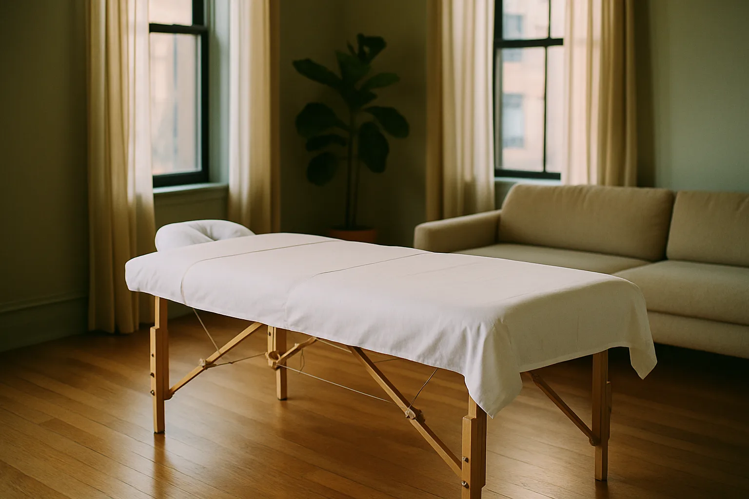 A massage table made up with white linens in a sunlit Brooklyn living room